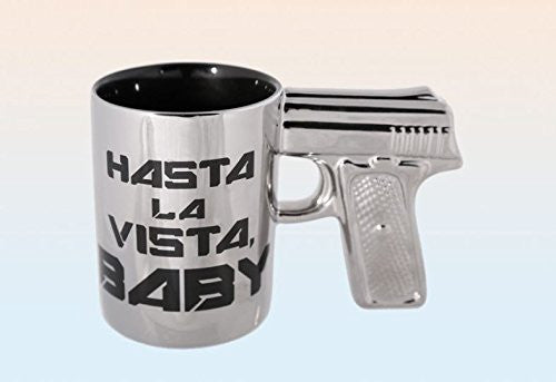 Coffee Mug with Pistol Grip Silver 320 ml with Black Lettering Hasta La Vista Baby - hanrattycraftsgifts.co.uk
