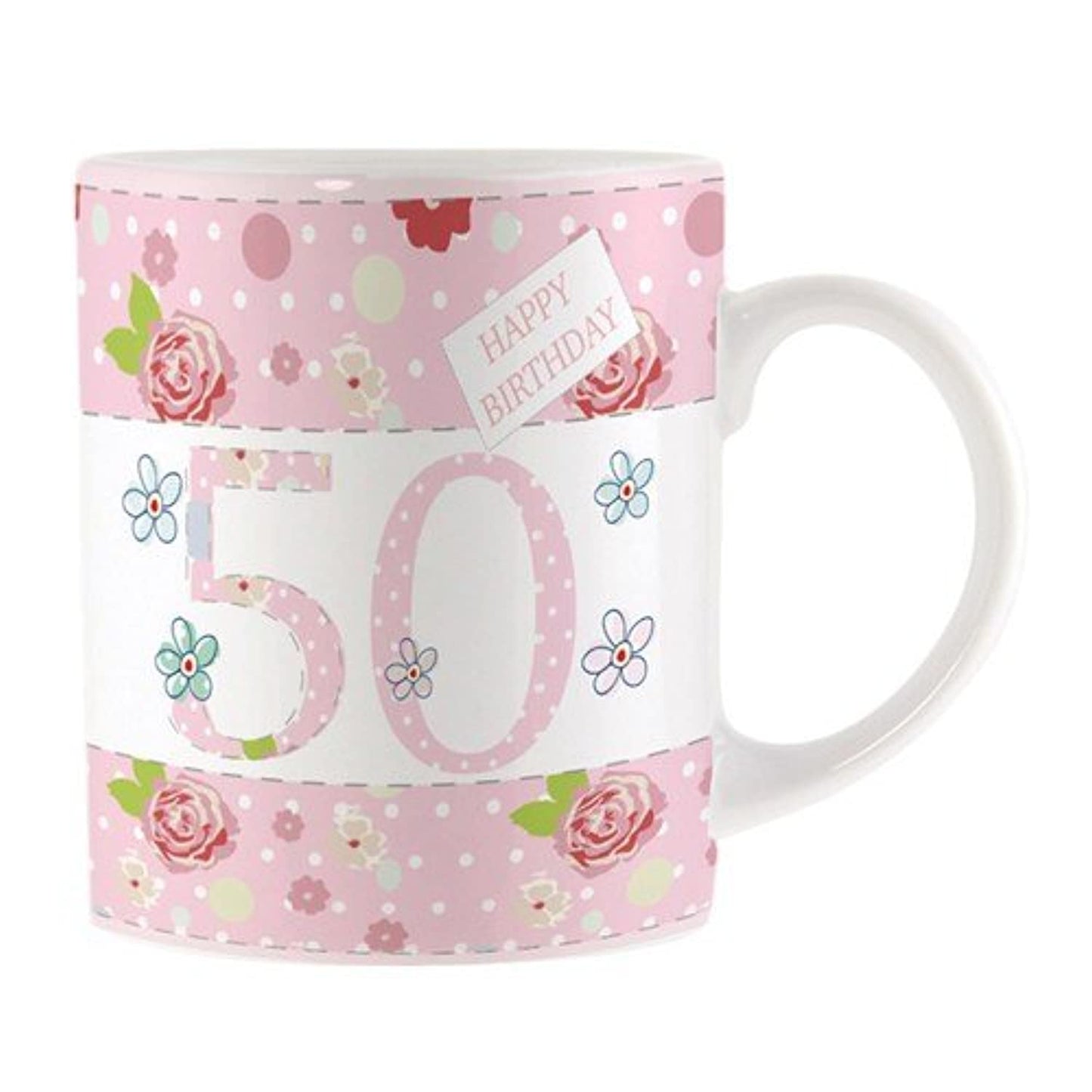 Floral Pink "50 Happy Birthday" 50th Fine China Mug with Presentation Box
