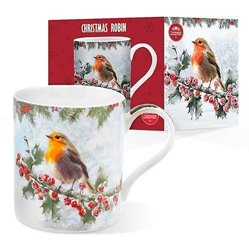 Robin Snow Winter Scene Christmas Festive Fine China Novelty Mug with Presentation Box - hanrattycraftsgifts.co.uk