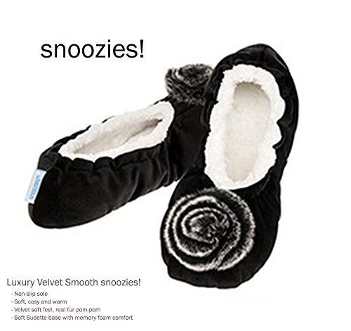 Luxury Black Velvet Real Fur Pom-Pom Snoozies Slippers - Ladies (SMALL UK 3-4) - hanrattycraftsgifts.co.uk