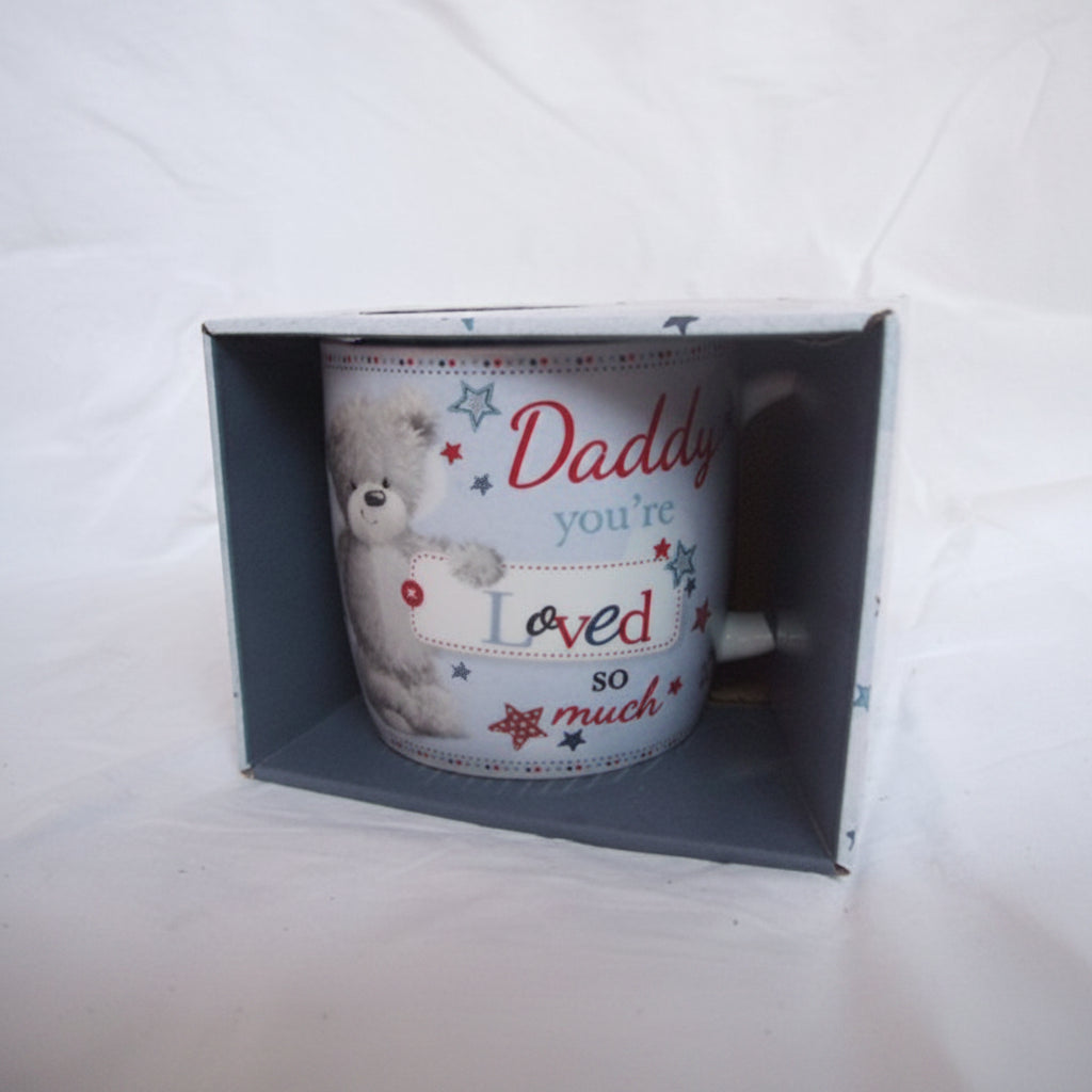 "Daddy, You're Loved so Much" Blue Teddy Bear Sentimental Mug with Presentation Box - hanrattycraftsgifts.co.uk