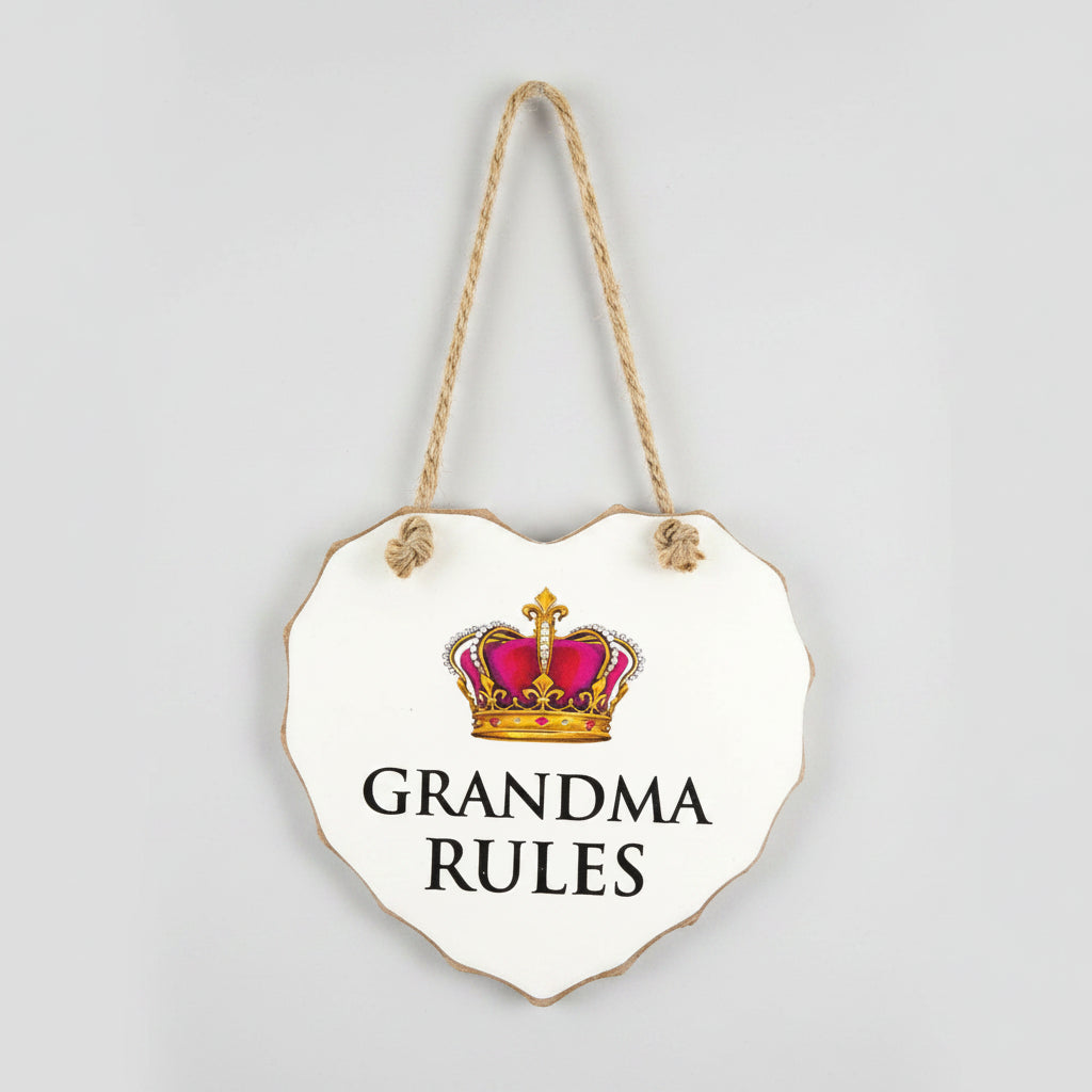White "Grandma Rules" Love Heart Shaped Sentimental Hanging Plaque - hanrattycraftsgifts.co.uk