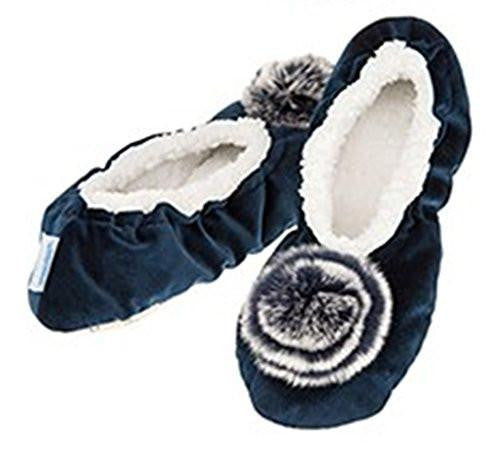 Luxury Deep Navy Velvet Pom-Pom Snoozies Ballet Slippers - Ladies UK Sizes UK 3-4 - hanrattycraftsgifts.co.uk