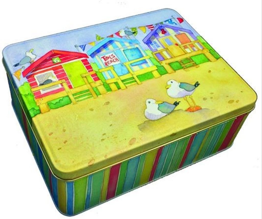 Emma Ball Coastal Beach Huts Deep Rectangular Lidded Tin - hanrattycraftsgifts.co.uk