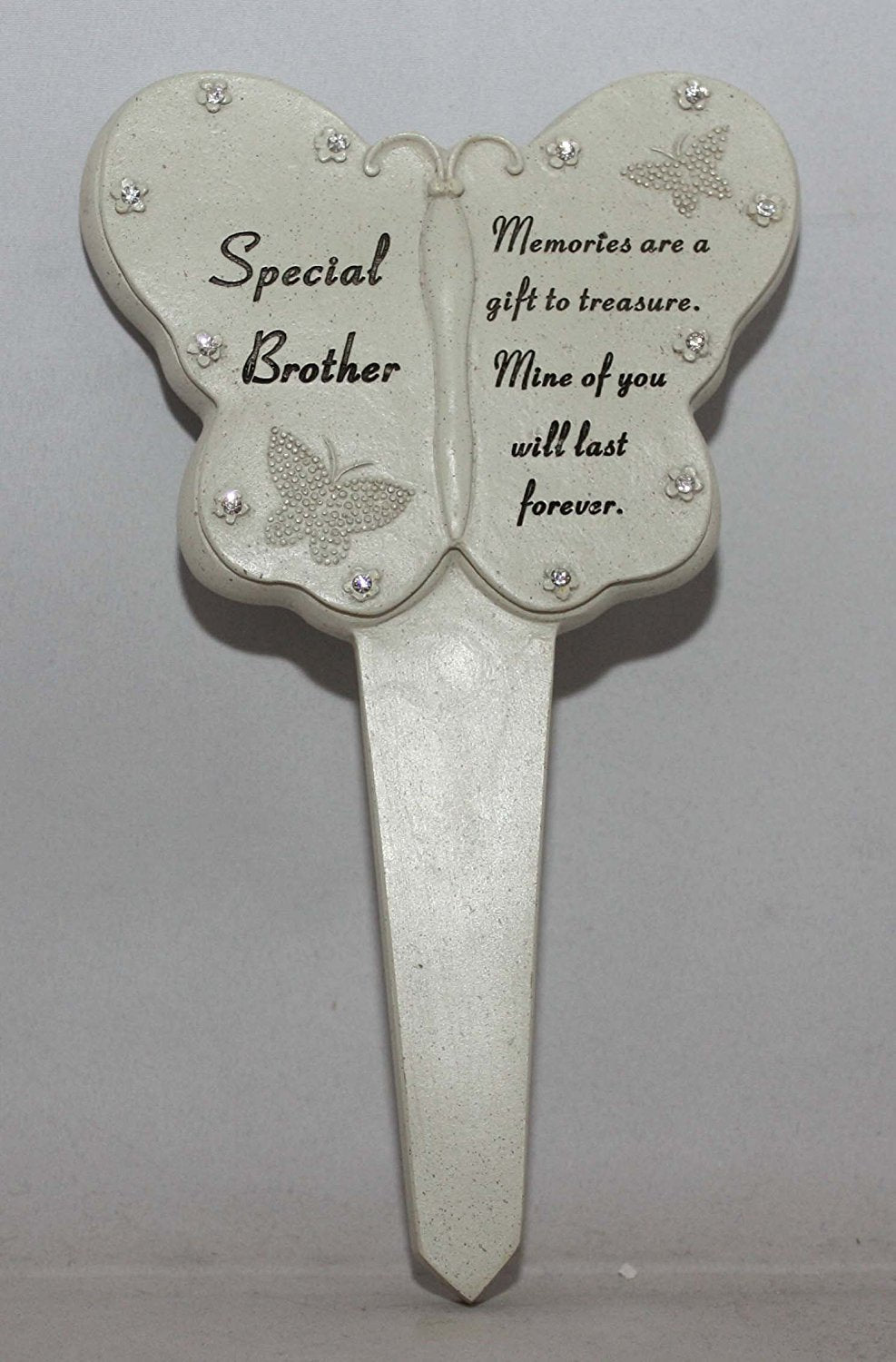 Brother Diamante Memorial Butterfly Stake Garden Stone Plaque Grave Ornament pushes in ground - hanrattycraftsgifts.co.uk