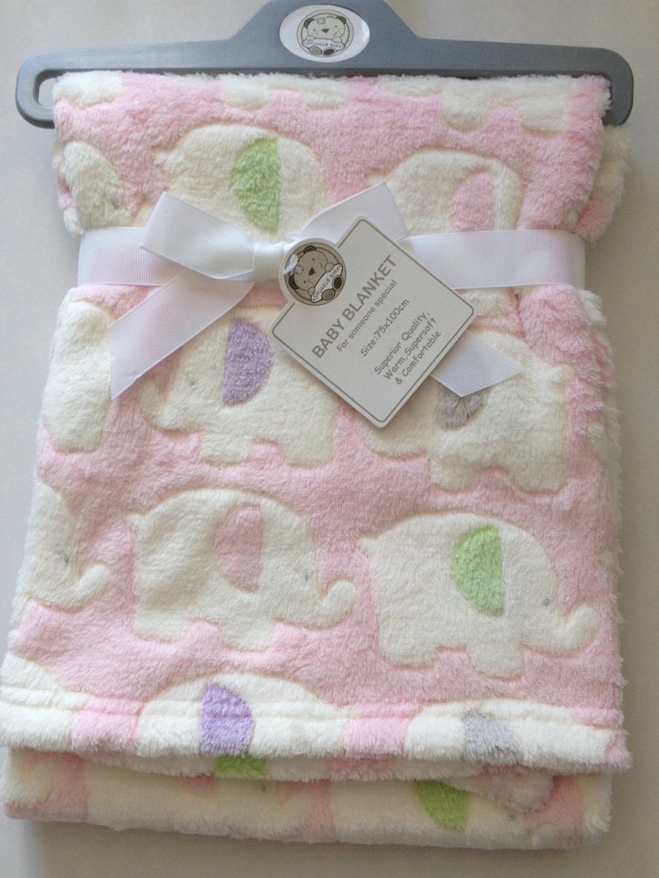 Beautiful Soft Baby Blanket With Elephants Pink/White 100 cm x 75 cm - hanrattycraftsgifts.co.uk