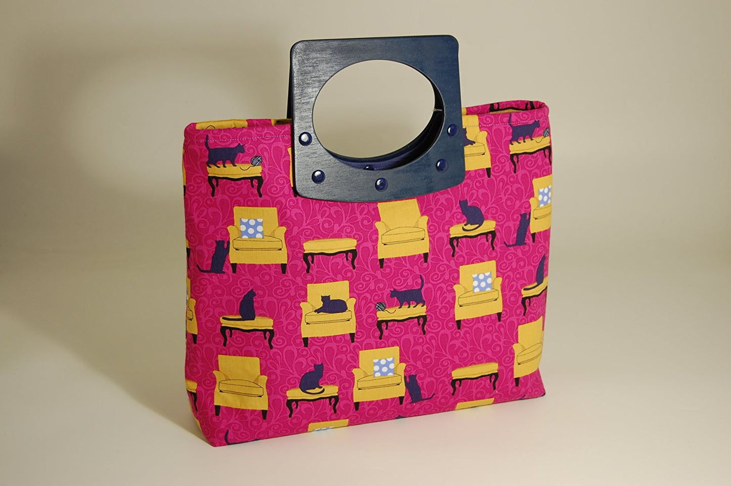Knitting/Craft Bag with double handles - shopping style bag. Pink background fabric showing cats on chairs - hanrattycraftsgifts.co.uk