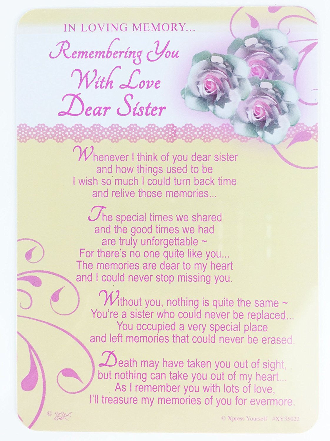 In Loving Memory - Remembering You With Love Dear Sister - Grave/Graveside Memorial Card - hanrattycraftsgifts.co.uk