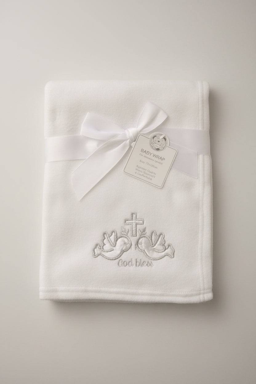 Baby White Silver God Bless Doves and Cross Wrap Blanket 100cm x 75cm approx - hanrattycraftsgifts.co.uk