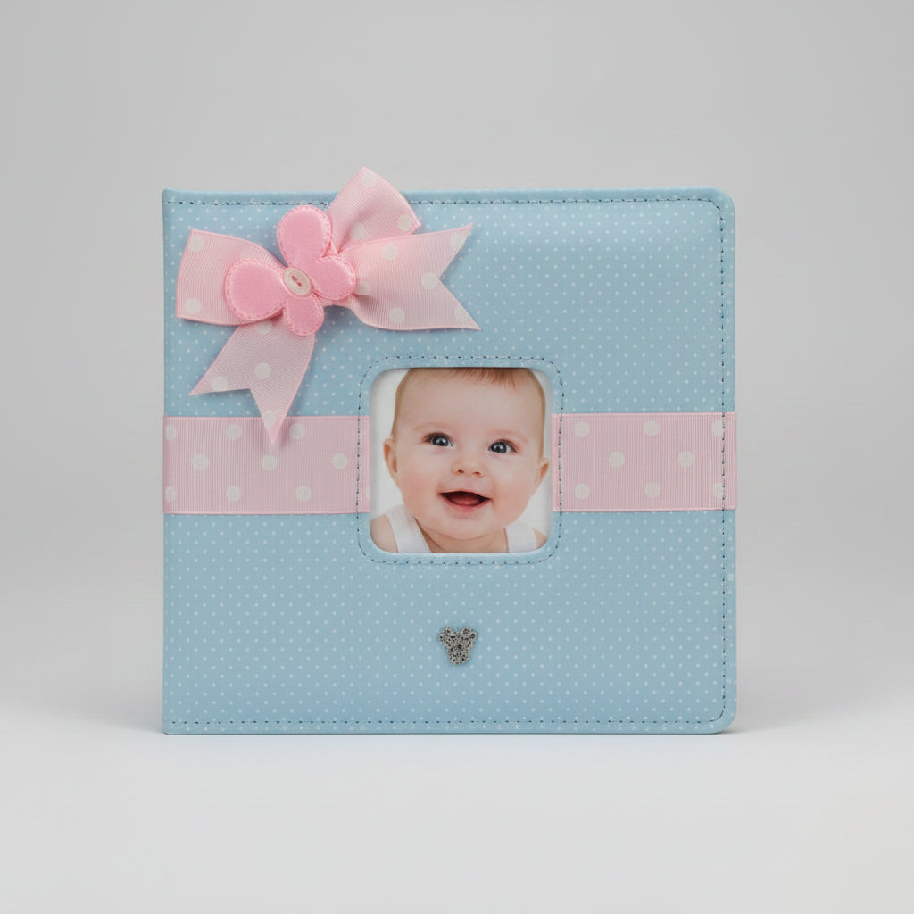baby photo album blue polkadot and ribon front - hanrattycraftsgifts.co.uk