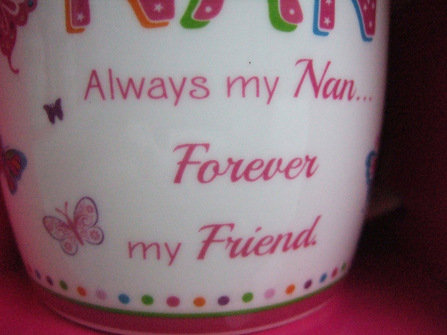 "Nan" Pink Butterfly Pattern Sentimental Mug - hanrattycraftsgifts.co.uk