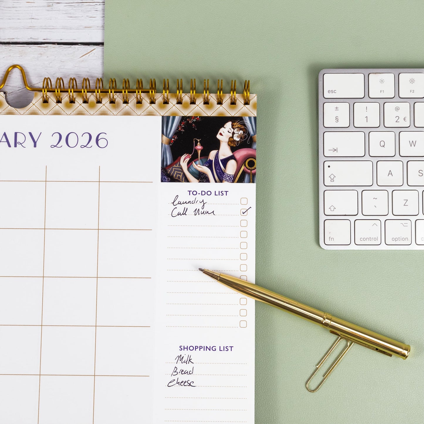 Claire Coxon 2026 Family Organiser Wall Calendar | Large Monthly Planner with 5 Columns, Pen, Wipe-Clean Overlay & Tear-Off Shopping & To-Do Lists |Art Deco Design