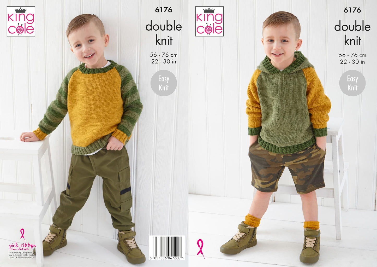 King Cole Boy's Easy Knitting Pattern, Double Knit Sweater and Hoodie (6176), 22” – 30” (56cm – 76cm)