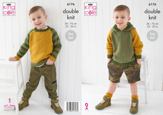 King Cole Boy's Easy Knitting Pattern, Double Knit Sweater and Hoodie (6176), 22” – 30” (56cm – 76cm)