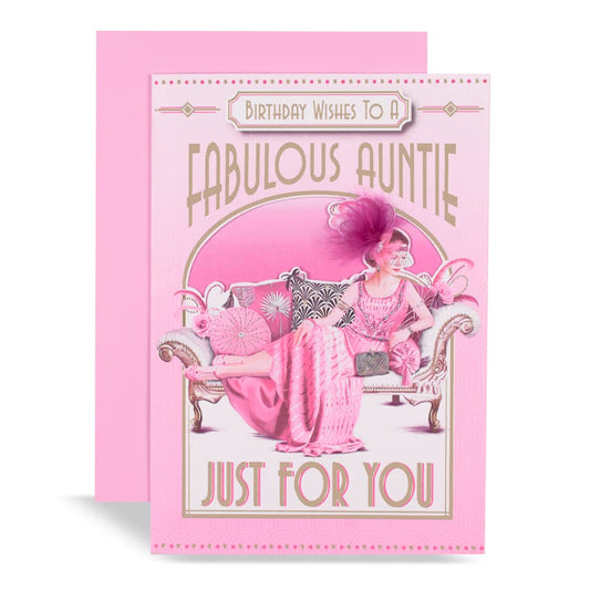 Art Deco Lady - Auntie - Glittered Birthday Card with Feather Detail