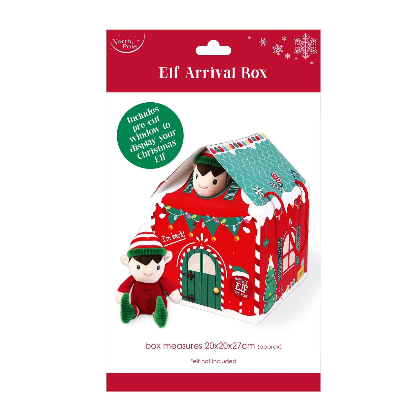 Eurowrap Elf Arrival House – Christmas Elf Display Box with Cut-Out Windows, Roof & Door Openings – Festive Red & Green Elf House Gift Box – Christmas Eve Surprise Presentation (Elf Not Included)