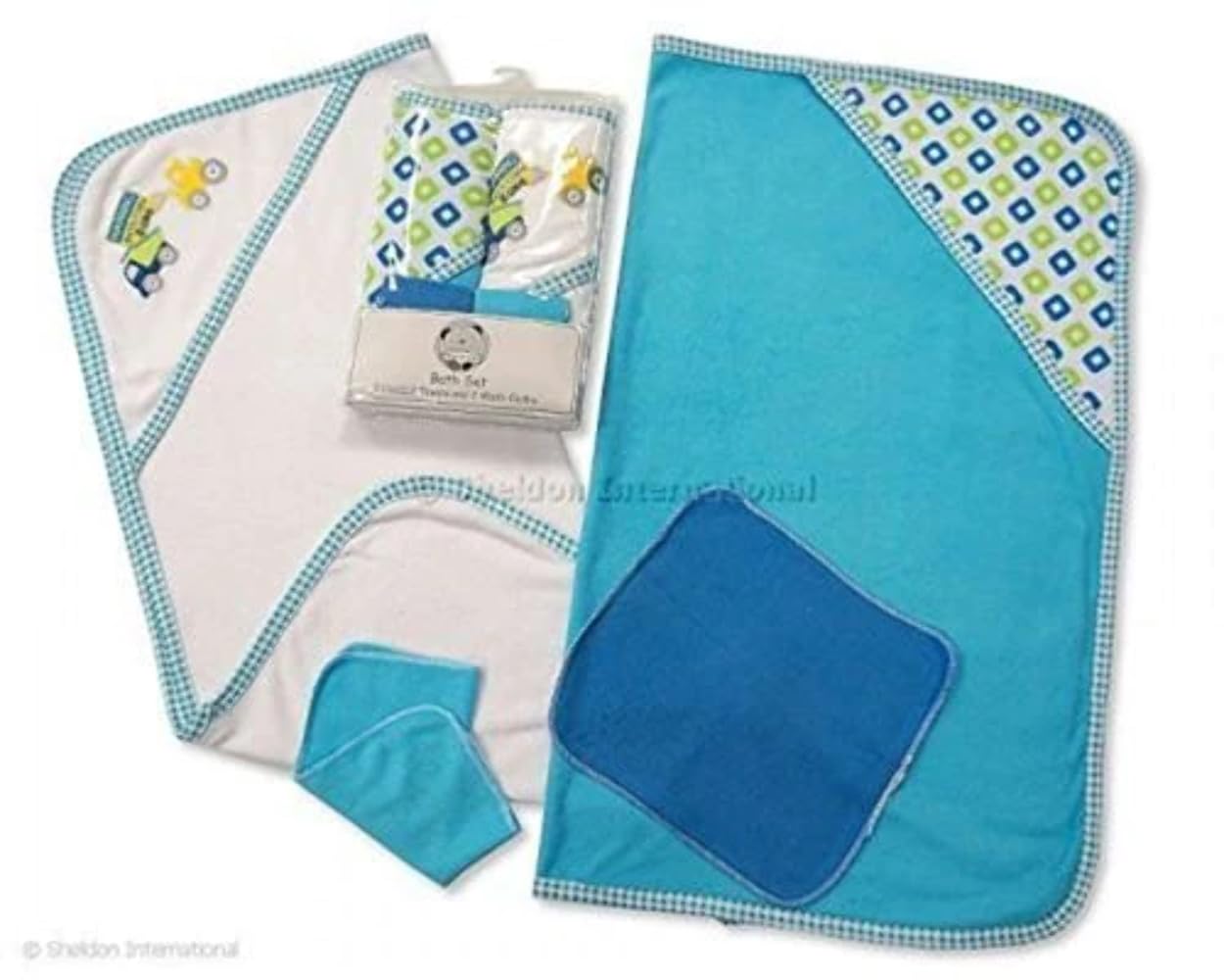 Baby Boys' Hooded Towel (2 Pieces) and Wash Cloth (2 Pieces) Set, Colour: Light Blue
