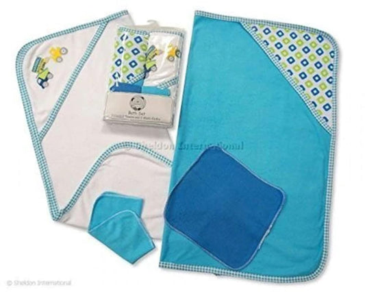 Baby Boys' Hooded Towel (2 Pieces) and Wash Cloth (2 Pieces) Set, Colour: Light Blue