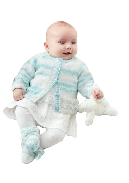 King Cole 5702 Knitting Pattern Baby Cardigan Matinee Coat Sweater Bootees in Baby Stripe DK