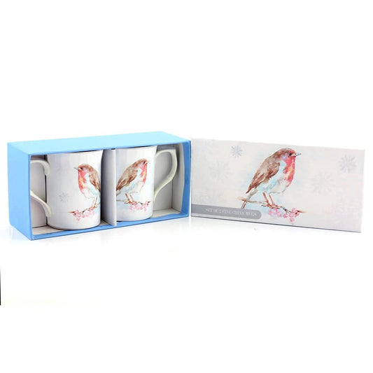 Winter Robin Set of 2 China Mugs - Gift Boxed