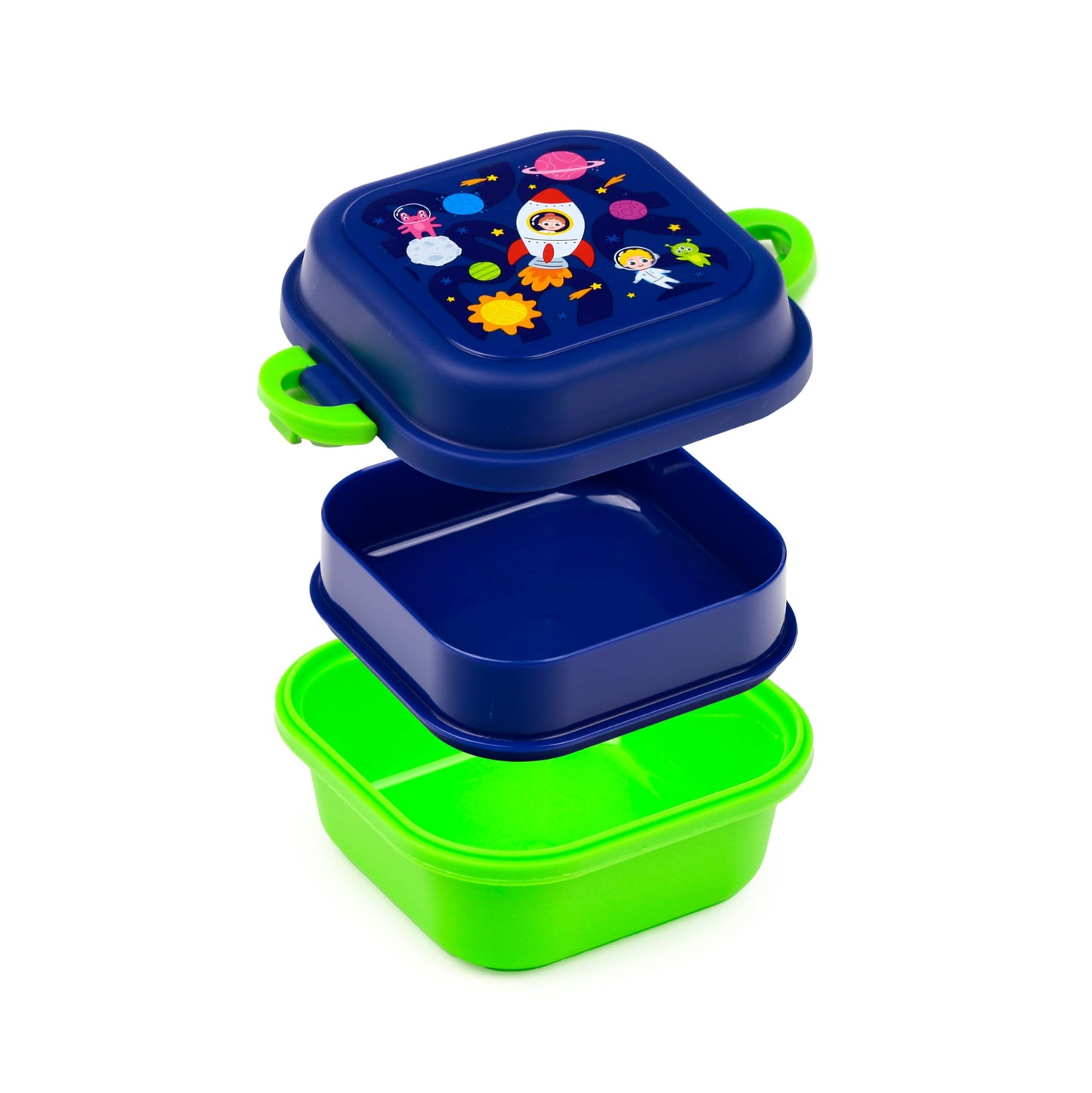 Puckator Space Cadets Clip Lock Stacked Bento Snack Lunch Box - Lunch Box for Adults and Kids with Compartments - Food Containers With Lids - Stackable Snack Pots For Kids - Meal Prep