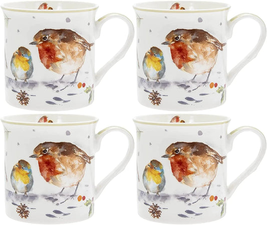 Christmas Tableware - Set of 4 Mugs - Winter Robins Design