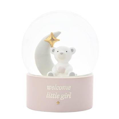Bambino By Juliana 'Welcome Little Girl' Teddy & Moon Water Globe - Pink. Gifting to Celebrate Newborn Children, Family & Love - Baby Shower, Christening & New Born Gift.