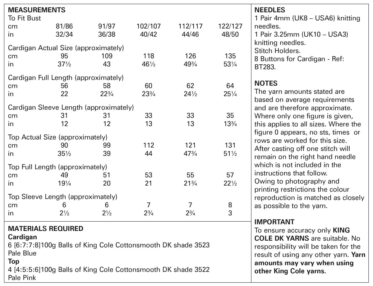 King Cole Ladies Double Knit Knitting Pattern Womens Cardigan & Short Sleeve Top (5745), Multicolor, 32'' - 50''