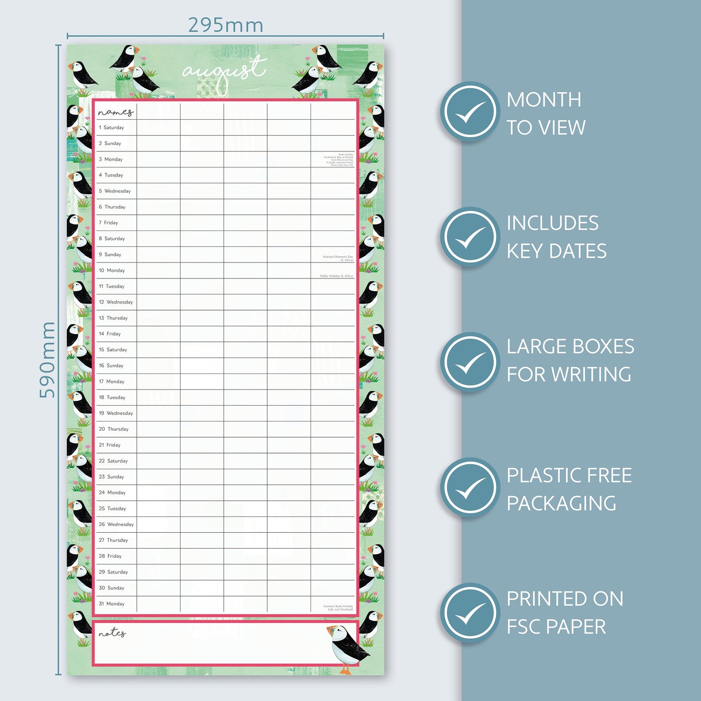 The Gifted Stationery Monthly Wall Calendar - By the Sea Family Organiser