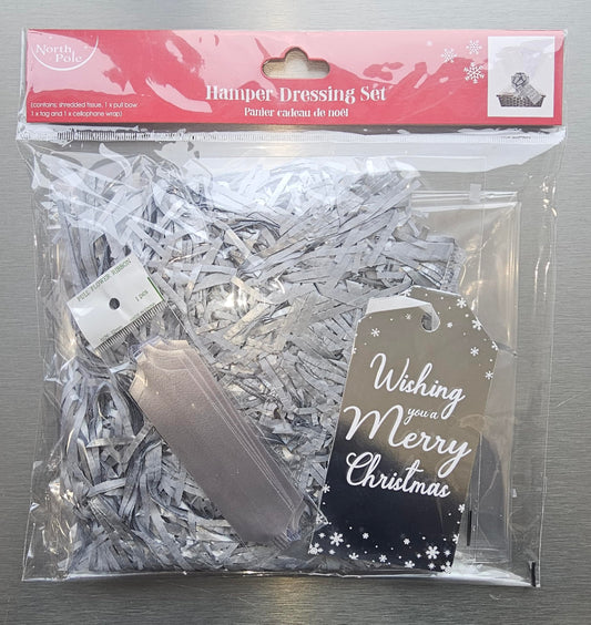 Wishing You A Merry Christmas Silver Hamper Dressing Set Contains Shredded Tissue Bow Tag Cellophane Wrap