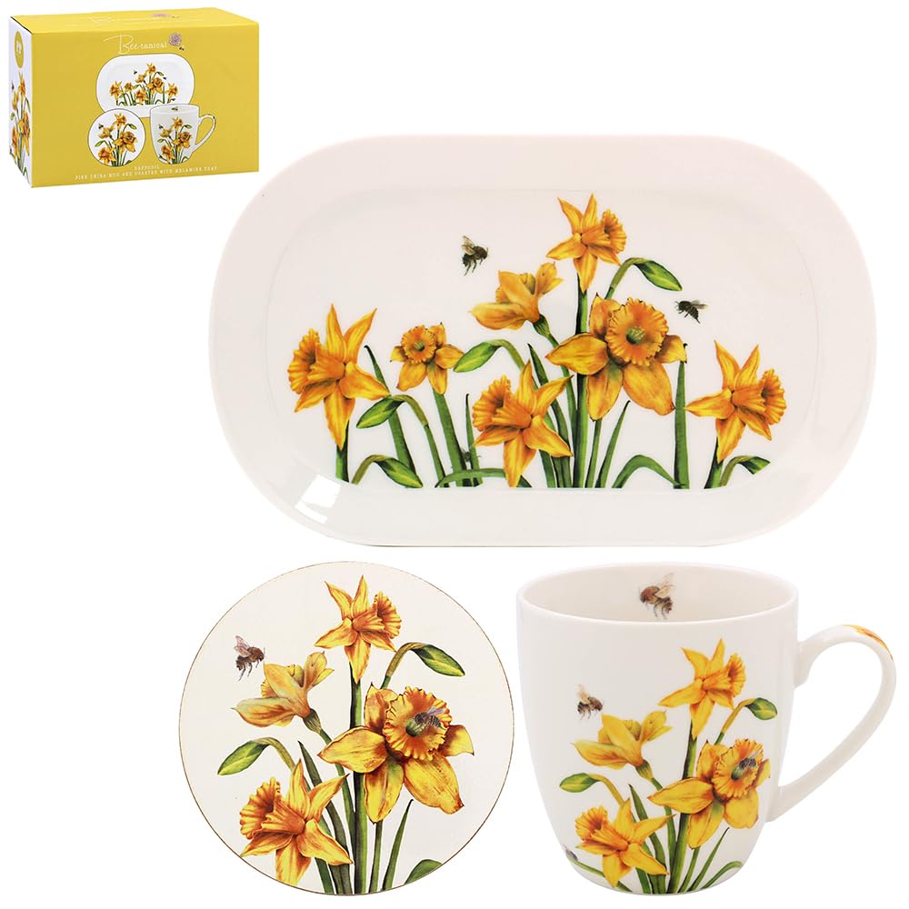 The Leonardo Collection Mug, Coaster and Snack Tray Set - Bee-Tanical Daffodils and Bees Design, 96079