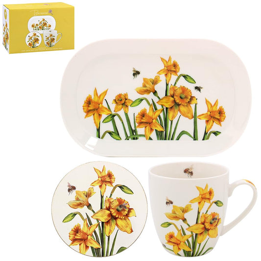 The Leonardo Collection Mug, Coaster and Snack Tray Set - Bee-Tanical Daffodils and Bees Design, 96079