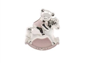 Christening Gift Silver Plated Pink Enamelled Rocking Horse With Teddy Money Box