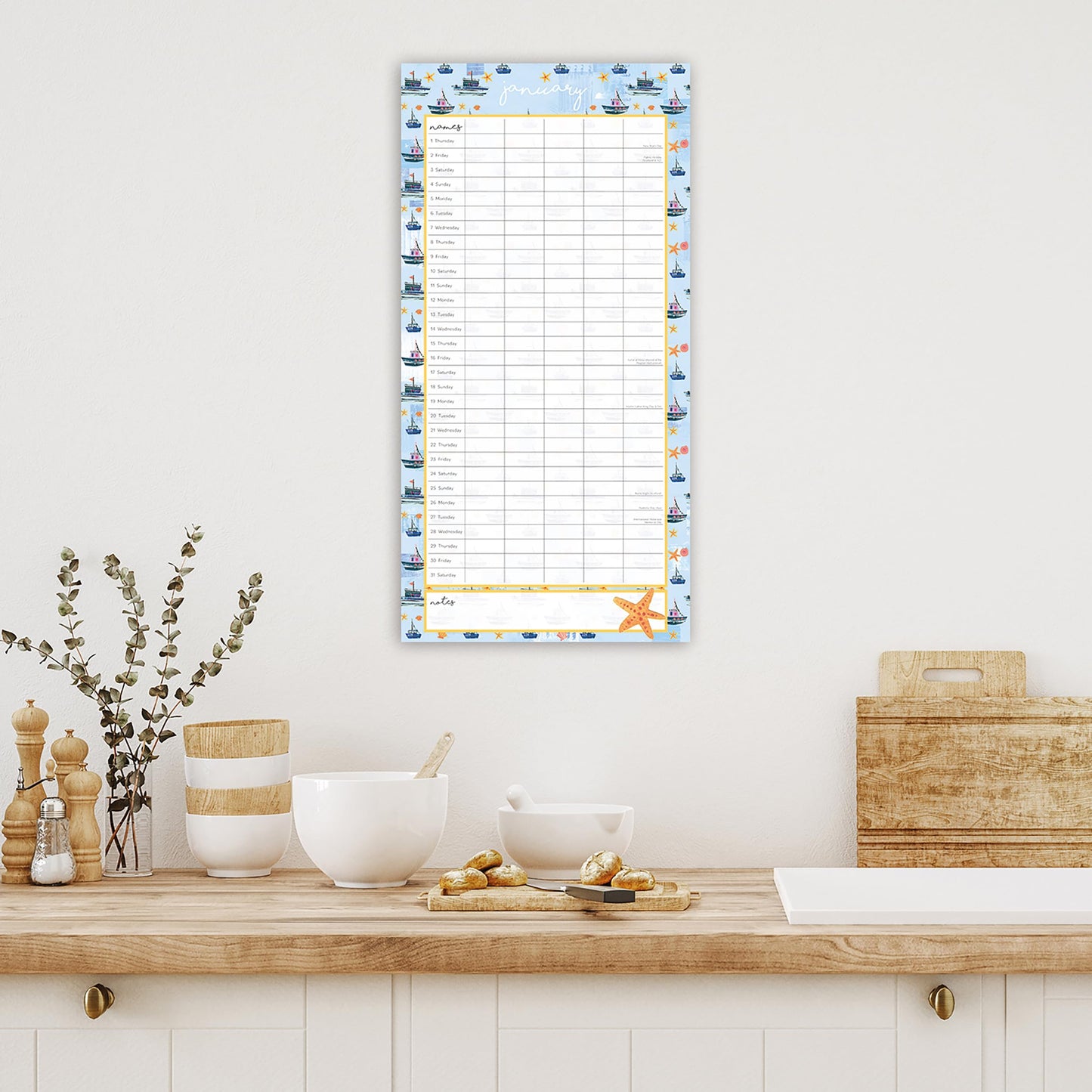 The Gifted Stationery Monthly Wall Calendar - By the Sea Family Organiser