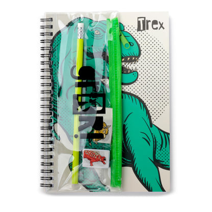 Puckator Dinosauria Ring Bound Notepad & Pencil Case 6 Piece Stationery Set - School Teacher Student Homework Study Planner Notepad - Collage University Essentials Journals Planners - Jotter Uni