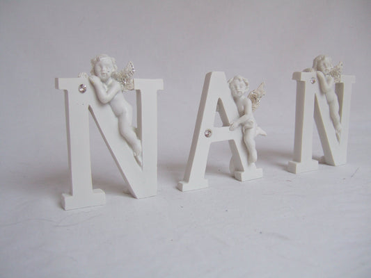 White "Nan" Cherub Detailed Free Standing Word Plaque
