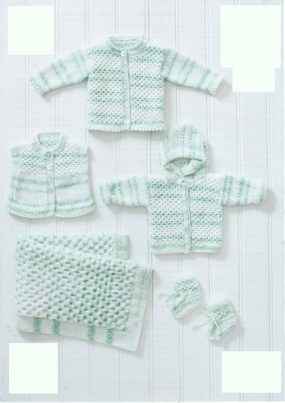 King Cole 5699 Knitting Pattern Baby Cardigan Waistcoat Hoody Blanket Bootees in Baby Stripe DK