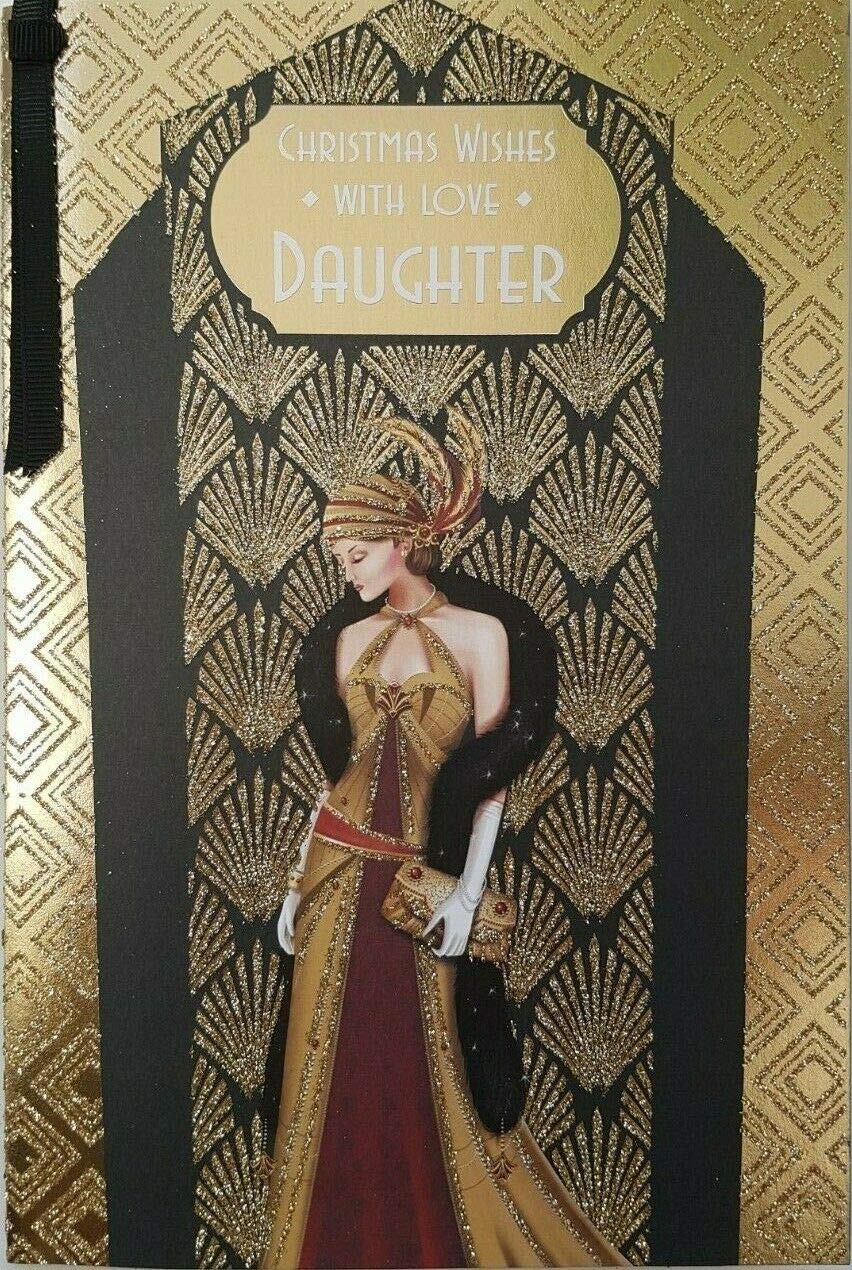 Art Deco - Daughter - Glittered Christmas Card with Ribbon Detail