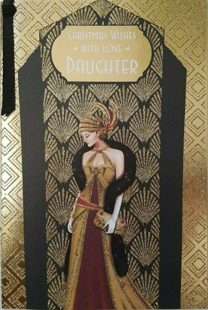 Art Deco - Daughter - Glittered Christmas Card with Ribbon Detail