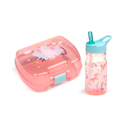Puckator Pink Snack Holder Set for Girls (Lunch Box for Food & Drinking Bottle with Straw) - Unicorn Magic and Rainbow, BPA Free