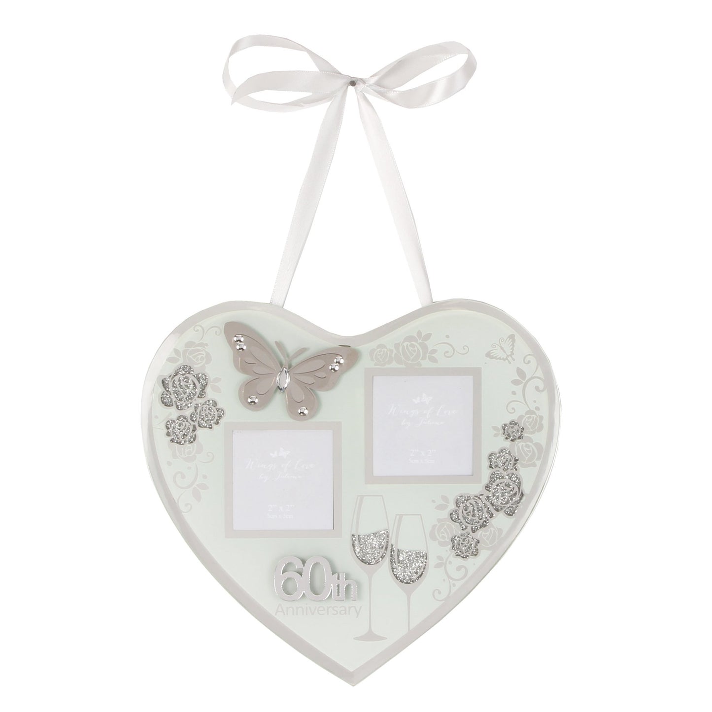 60th Pearl Anniversary Hanging Glass Heart Plaque Decoration with Space for Photographs