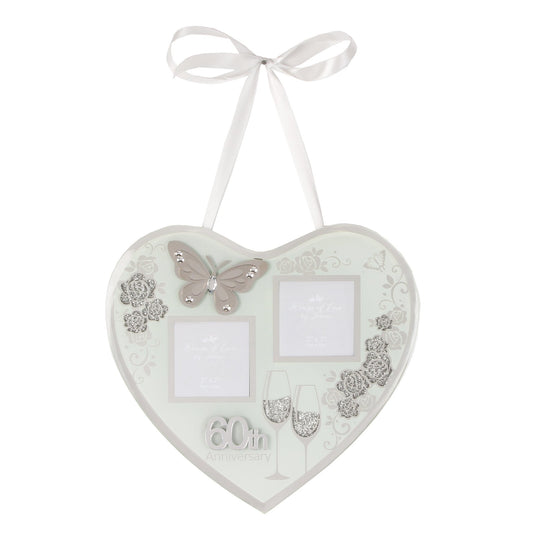 60th Pearl Anniversary Hanging Glass Heart Plaque Decoration with Space for Photographs