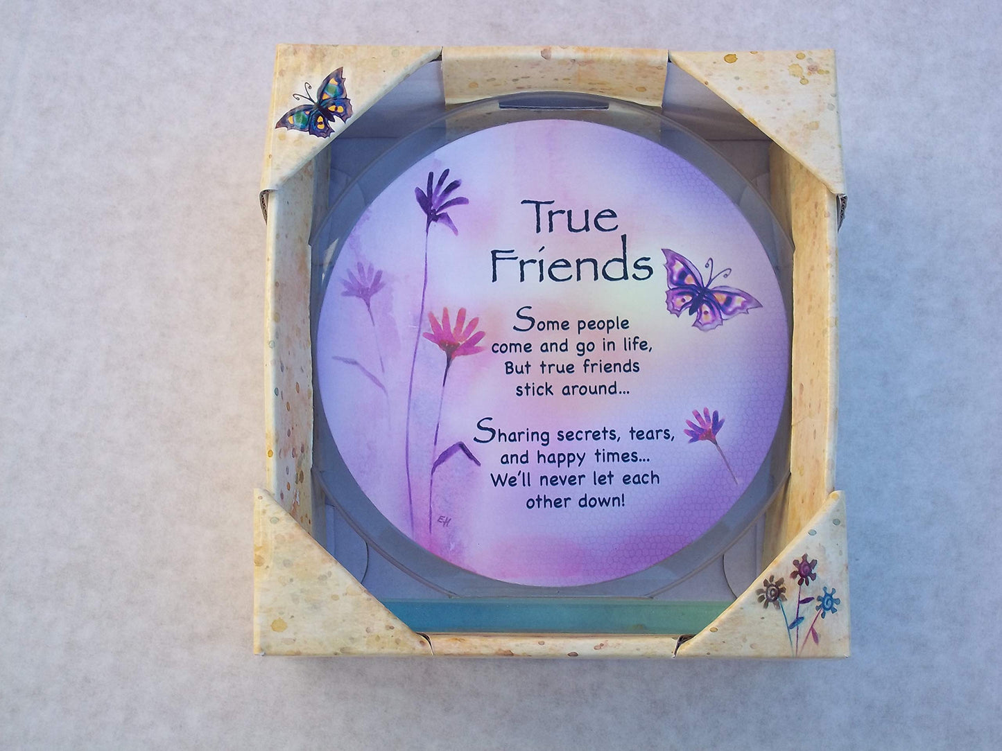 TRUE FRIENDS Polished Glass Plaque Keepsake Gift Set with Butterfly and Flowers artwork and TRUE FRIENDS Verse