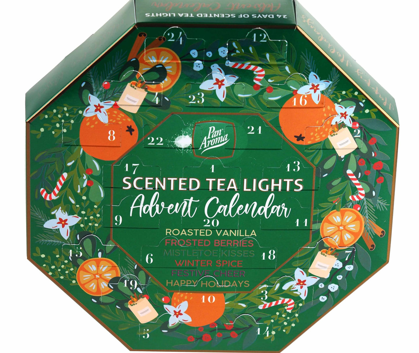 Pan Aroma Christmas Tea Light Candle Advent Calendar 24 Festive Countdown Scented Tea Light Candles,Green