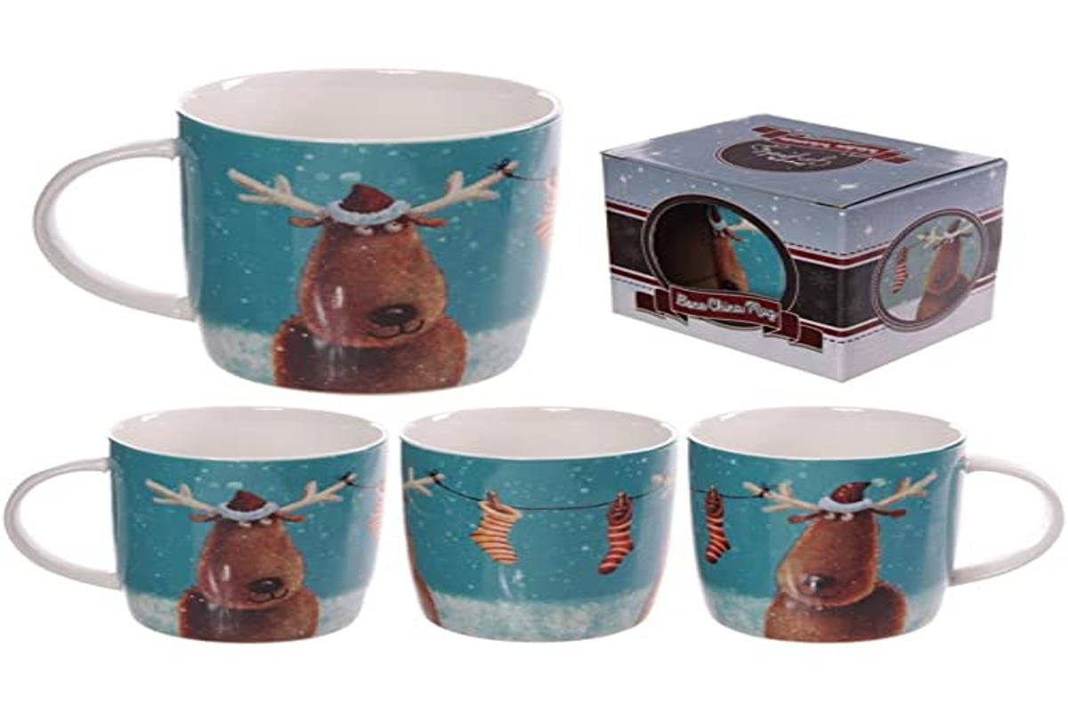 Puckator XMUG06 Christmas Reindeer and Hanging Stockings Printed Mug by Jan Pashley Porcelain, 9 x 12 x 9 cm
