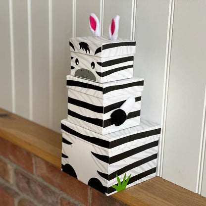 Luck and Luck Stackable Zebra Animal Gift Boxes, Childrens Nested Box, Zebra Gift Box, 3 Tier Nest Stacking Box, Kids Novelty Birthday Gift Box