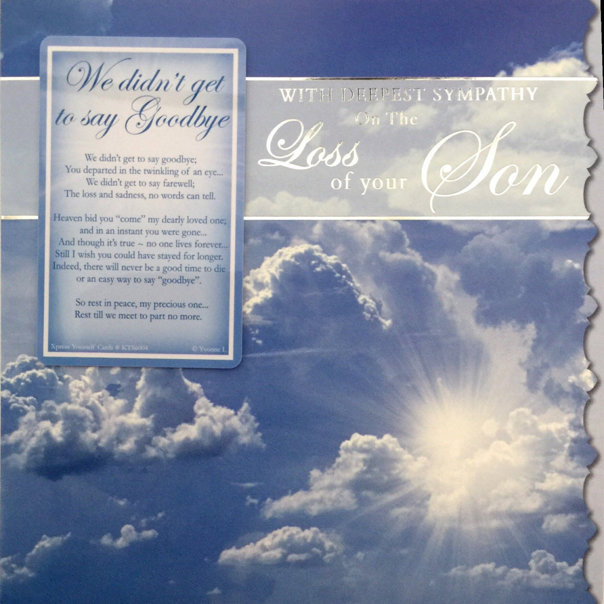 Sad Loss of Son - Deepest Sympathy Card + Detachable Pocket Keepsake