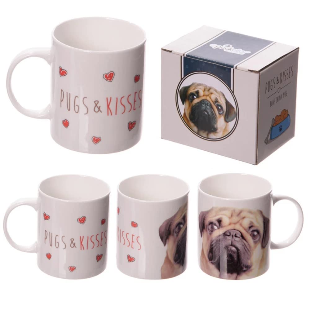 Puckator MUG184 Mug with Pug and Kisses Design - Fine Porcelain - White/Beige/Black