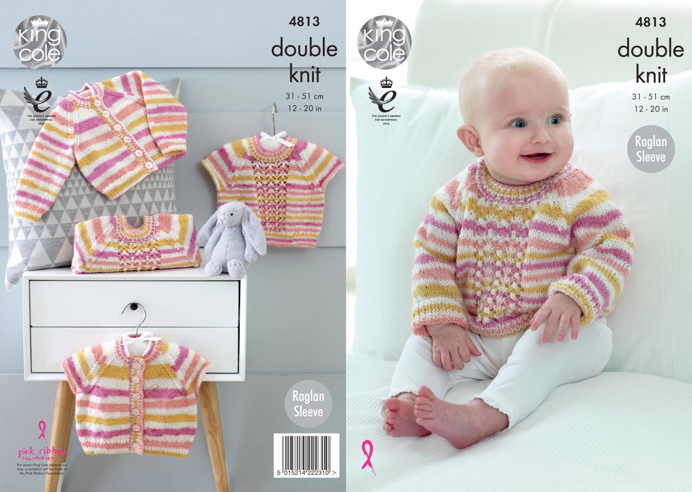 King Cole 4813 Knitting Pattern Baby Raglan Cardigans and Sweaters in King Cole Candystripe DK