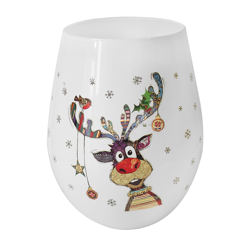 Lesser & Pavey Christmas Stemless Wine Glasses | Rudolph for Red and White Wine | Perfect for Xmas Celebrations | Festive Bug Art Glassware for Holidays